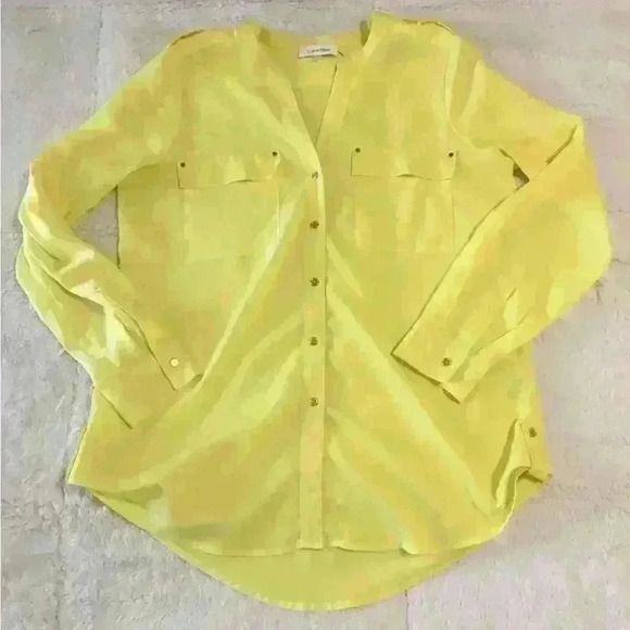 Calvin Klein Bright Yellow Adj LS Button Up Tab Shoulder Hem Top Woman Small - Picture 9 of 10